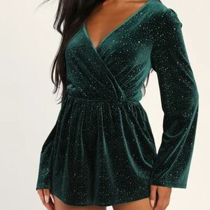 Lulu's Beneath Starry Sky Emerald Green Velvet Sparkly Long Sleeve Romper Medium